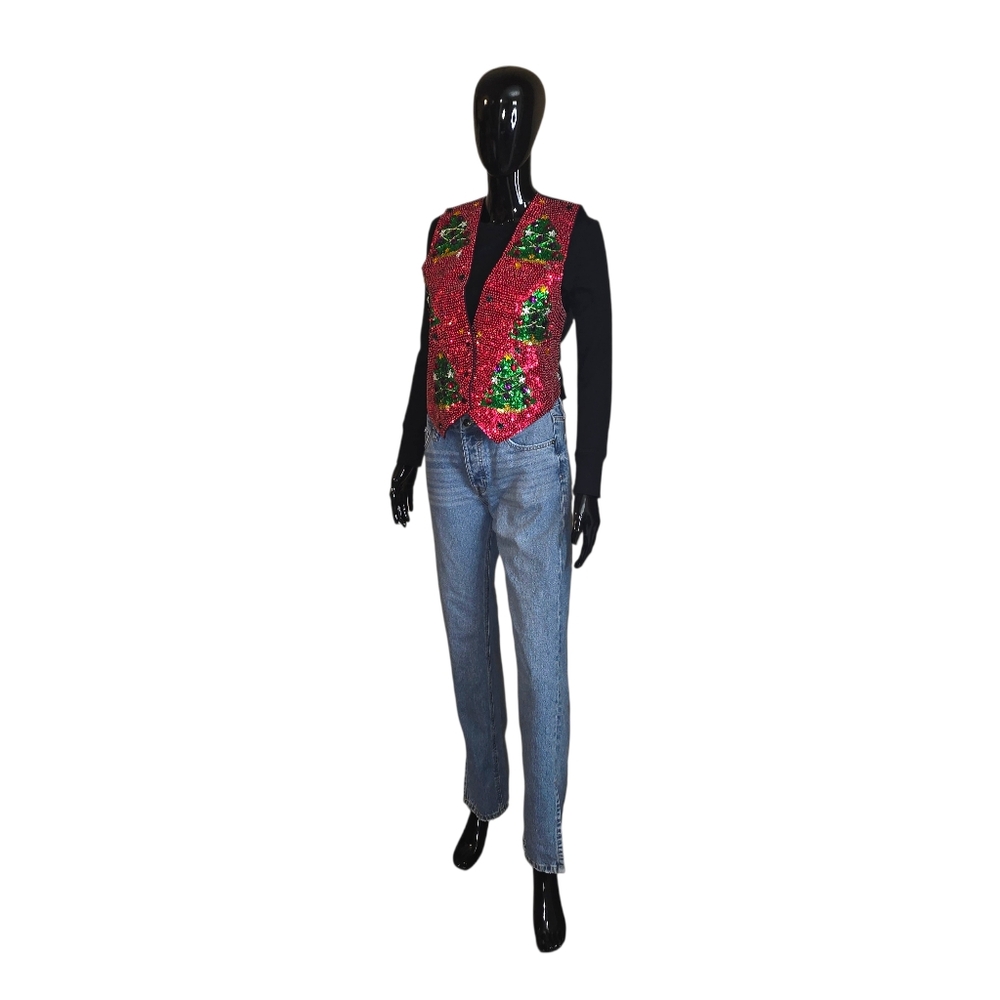 Vintage 90s JC Christmas Tree Sequin and Jewel Vest | Size Small - Picture 4 of 17